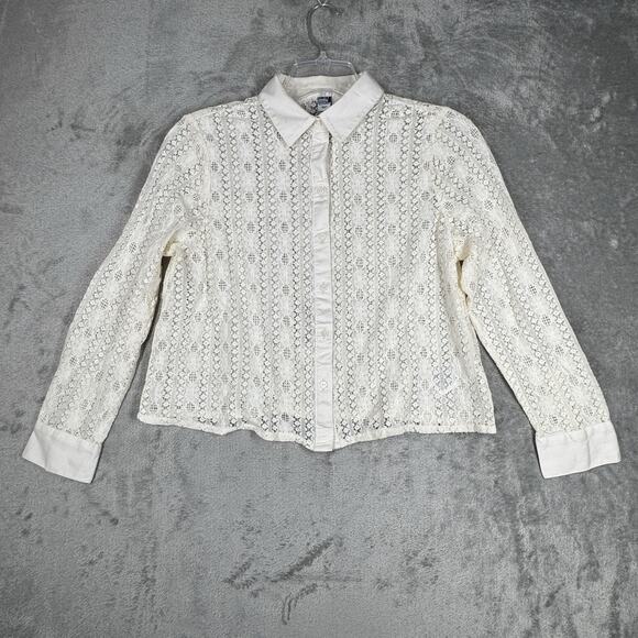 Old Navy Shirt Women Medium White Open Crochet Button Up Boho Neutral Minimalist - Picture 3 of 8